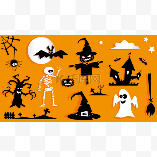 一套有趣的万圣节符号。南瓜，稻草人，鬼，蝙蝠，树，蜘蛛，十字架，巫婆帽，扫把，骷髅，月亮孤立的橙色背景。平面或儿童纸张贴合样式的矢量图片