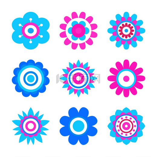 几何形状的花由简单的圆圈和点组成，蓝色和粉红色的矢量花头矢量抽象春天的花朵在白色上分离。图片