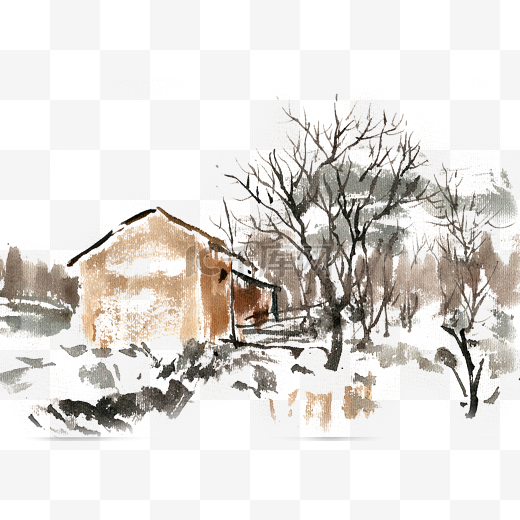 雪后的小山村水墨图片