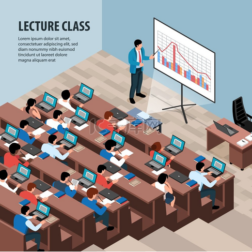 具有可编辑文本的等距教授讲座班级背景和带课桌排矢量图的教室室内视图图片