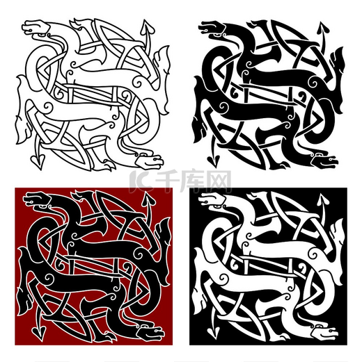 凯尔特龙结图案带有中世纪风格化的图腾动物装饰有部落装饰元素用于纹身或恤设计带有部落元素的凯尔特龙图案图片