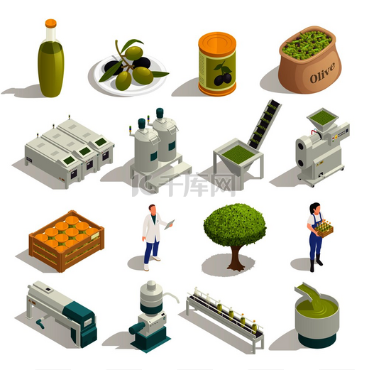 橄榄生产等轴测图标集与水果收获油提取填充包装自动化生产线隔离矢量插图图片
