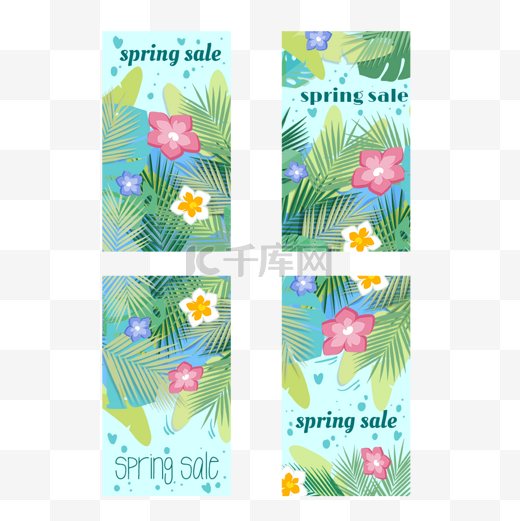 蓝色花朵春季树叶标签图片