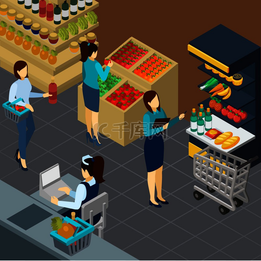 杂货店等距背景与柜台买家和工作人员矢量图上的食品。图片