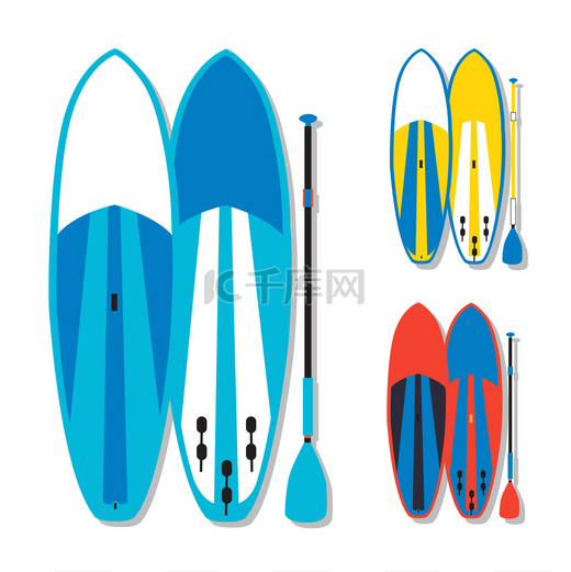 vector illustration of stand up paddle boards and paddles set in图片