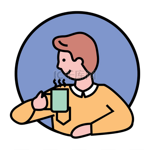 男主角从杯子里喝着热饮望向一旁圈子里的人物形象孤立的男孩形象线条风格的人像孩子喜欢喝咖啡或茶年轻人的轮廓矢量在平面中喝茶或咖啡的男孩热饮料矢量图片