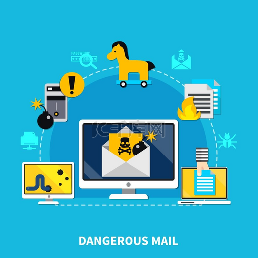 危险邮件设计概念危险邮件设计概念集带有危险邮件的计算机破解智能手机蠕虫和木马病毒标志卡通矢量插图图片