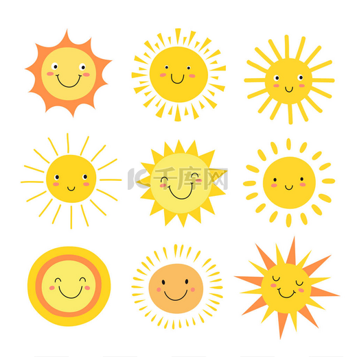 太阳感情用事。有趣的夏日阳光, 阳光宝宝快乐的早晨表情符号。动画片阳光的笑脸向量图标图片