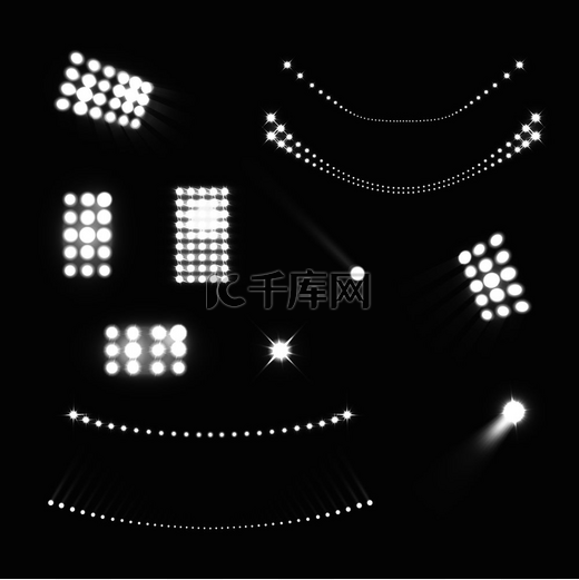 体育场灯光逼真的黑白集孤立矢量插图图片