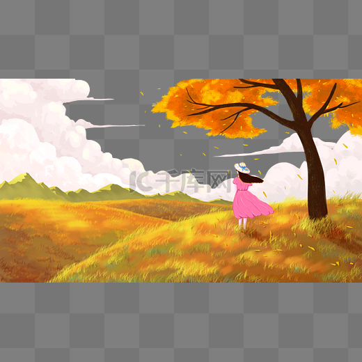 秋天秋季草原小女孩等风来黄色调风景图片