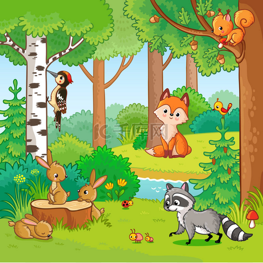 五颜六色的森林与可爱的动物-啄木鸟, 兔子, 狐狸, 浣熊, 鸟和松鼠.图片