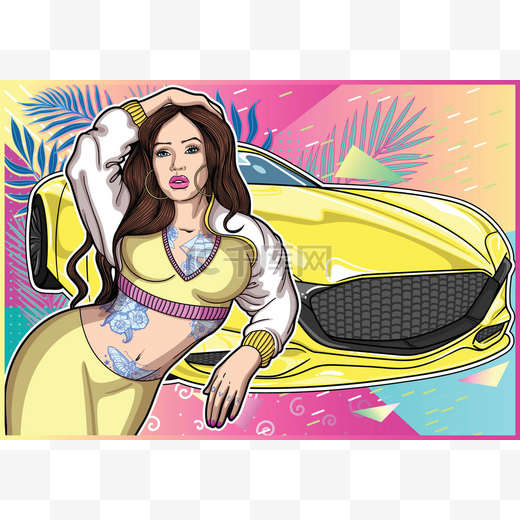 性感的纹身在经典的老式风格的女孩与超级车的几何和植物色彩的背景。收集的概念与妇女和超级车在我的个人资料 .图片