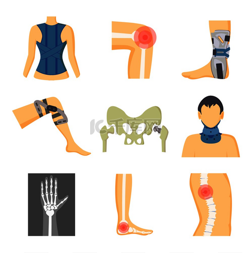 骨科固定工具和骨骼图像中的疼痛，彩色矢量插图与腿颈背部的医疗固定器，不同的人体骨骼部位。图片
