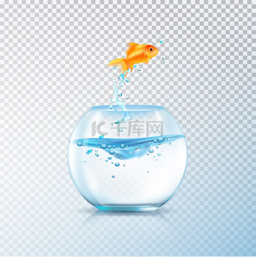 水煮鱼水族馆的组成鱼跳出碗的构图带有逼真的水族馆容器和透明背景上的金鱼矢量插图图片