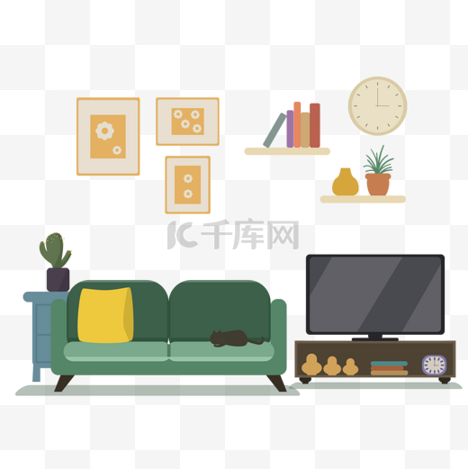 客厅电视机电视柜扁平风格插画图片