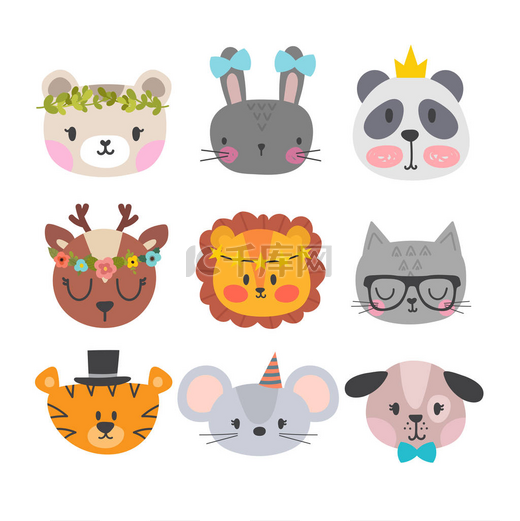 与有趣的配件的可爱的小动物。手绘微笑的字符组。卡通动物园。猫、 狮子、 熊猫、 狗、 虎、 鹿、 兔子、 鼠标和熊图片
