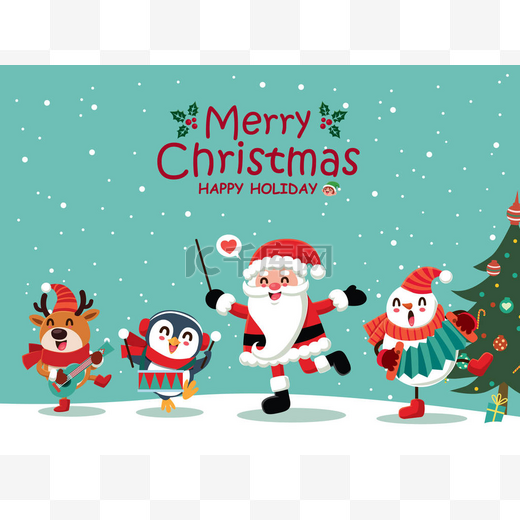 复古圣诞海报设计与向量圣诞老人, 精灵, 雪人, 驯鹿, 企鹅字符.图片