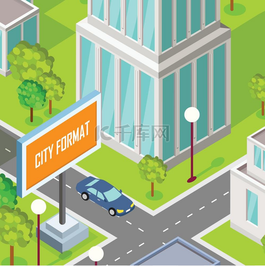等距投影中的城市街道城市景观碎片有道路建筑树木草坪汽车灯笼广告牌正在过马路的客车用于游戏环境应用程序信息图设计城市街道片段等轴测投影向量城市图片