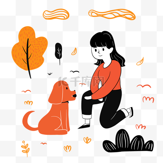 卡通女孩公园遛狗抽象插画图片