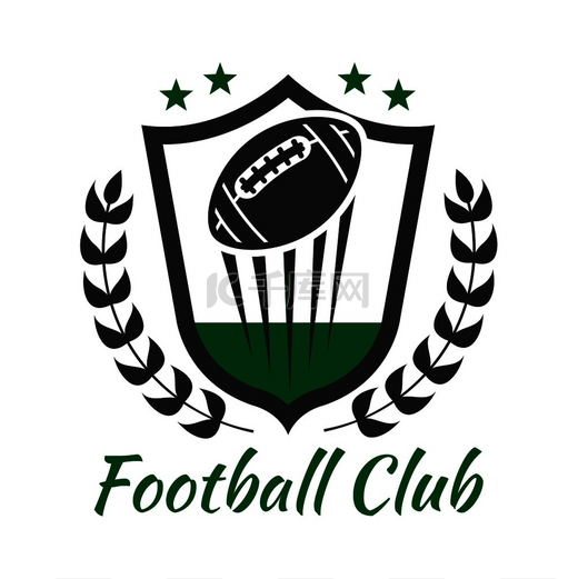足球运动中世纪盾牌的纹章象征带有由月桂花环和星星装饰的飞球美式足球运动俱乐部或球队徽章的设计用途纹章盾上有球的足球运动标志图片