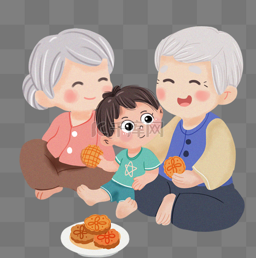 中秋节爷爷奶奶和孙子一起吃月饼人物图片