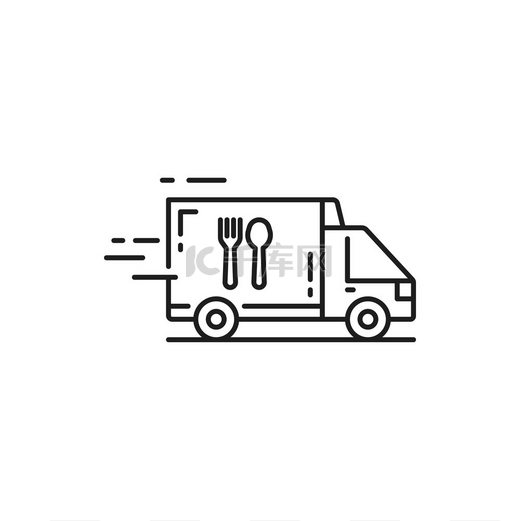 食品配送卡车面包车孤立的平面艺术图标快速快递运输快餐运输服务和快速在线订单线性标志热晚餐和午餐运输服务货车在线订餐快速快递图片