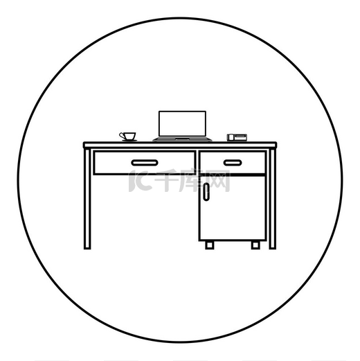 桌面与笔记本电脑电话和茶杯业务的东西在桌子上的图标在圆圈圆形轮廓黑色矢量插图平面样式简单图像。图片