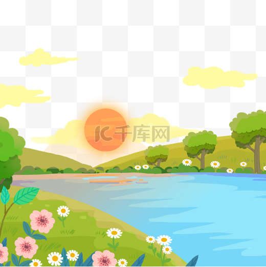 湖边的日落春季花卉风景图片