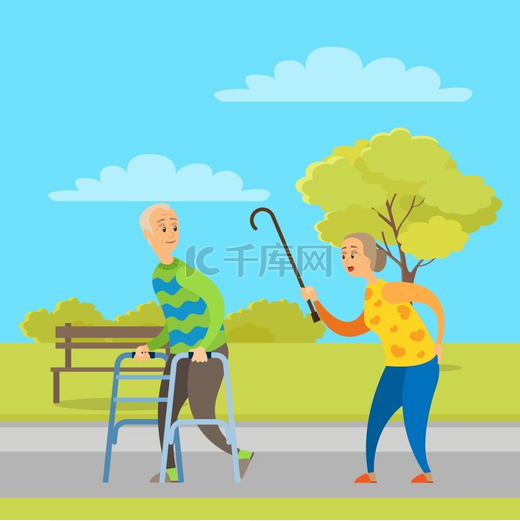 与助行器同行的老人、拿着魔杖行走的养老金领取者妇女、公园里的退休人员、绿色自然和长椅、拄着拐杖的老人。图片