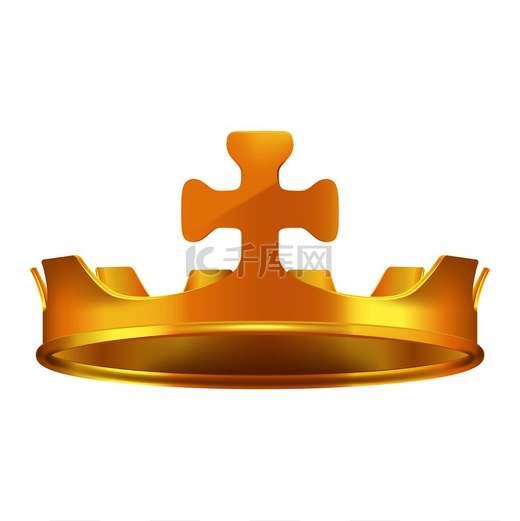 金色皇冠带十字架三维图标闪闪发光的国王王冠由贵金属逼真的矢量隔离在白色上君主权力象征插图带十字的金色皇冠三维图标逼真矢量图片