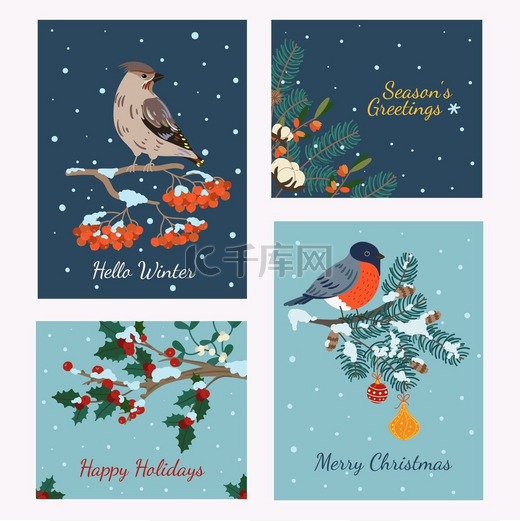 冬季鸟类卡片树枝上挂着可爱的飞行小动物的圣诞雪横幅惠斯勒和斗牛犬罗文树和云杉节日祝贺海报矢量圣诞明信片套装冬季鸟类卡片带有可爱的圣诞雪地横幅图片