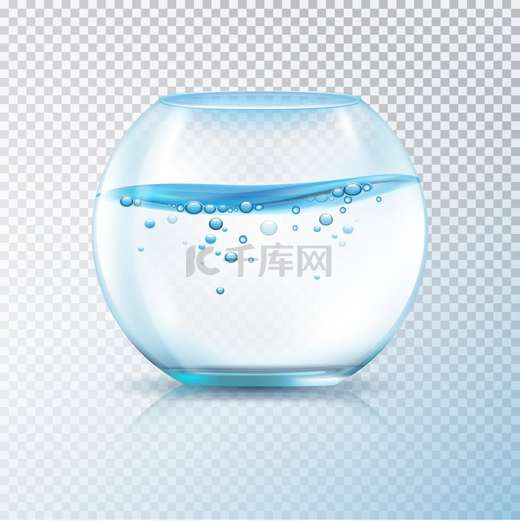 鱼缸里的水是透明的透明玻璃圆形鱼缸透明背景上有水和气泡逼真的矢量图图片