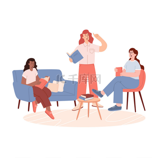 一群坐在沙发上听女孩子看书的女人. 图片