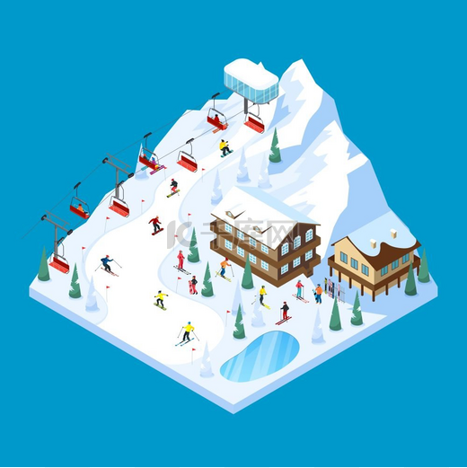 滑雪山等距景观滑雪场瓷砖等距景观设计桩上有滑雪道和滑雪者图形矢量插图图片
