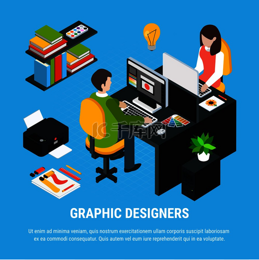 图形设计等距彩色概念与两位在办公室工作的艺术家 3d 矢量图图片