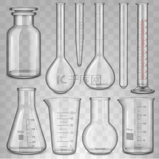 逼真的实验室玻璃器皿、玻璃试管烧杯和烧瓶。图片