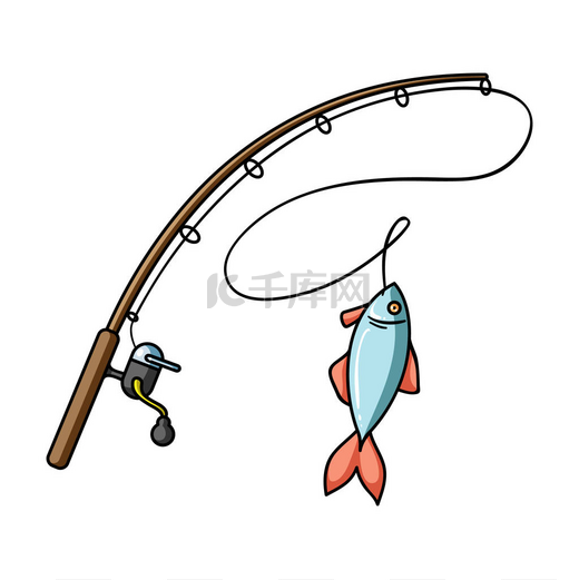 钓鱼杆和小鱼在白色背景上孤立的卡通风格的图标。钓鱼象征股票矢量图.图片