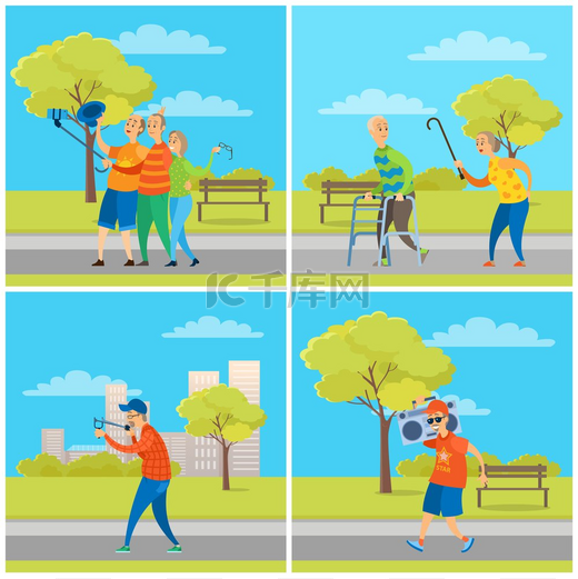 老年人在城市公园里玩得很开心老年朋友在智能手机上自拍拿着木制手杖的手机男性拿着弹弓城市公园里的人们老年男女场景图片