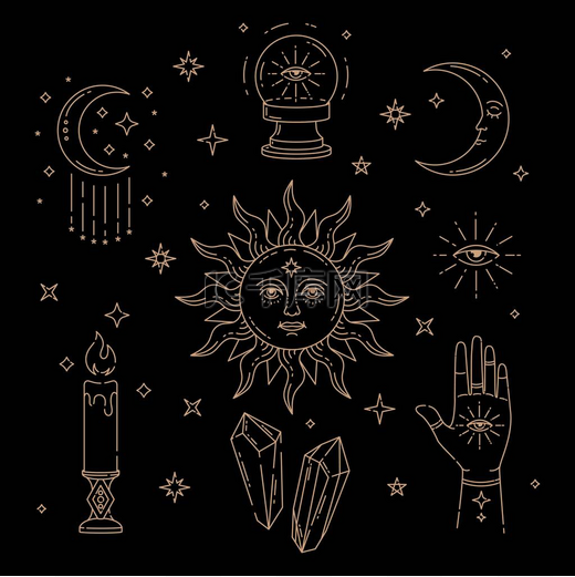 天上的魔法描绘了太阳，月亮，水晶，邪恶的眼睛，巫婆的手的图标和符号的黄金图解。一套黑色背景的异质符号、炼金术和巫术矢量艺术.图片