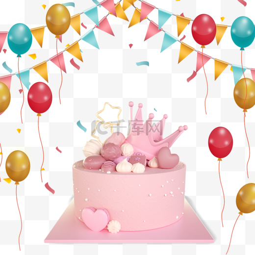 粉色皇冠和爱心装饰3d生日蛋糕庆祝图片