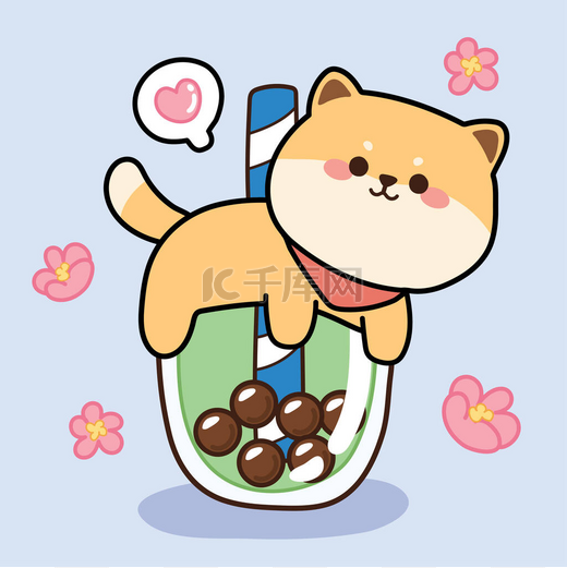 在泡泡牛奶绿茶卡通画上可爱的小白狗蓝色上的樱花图片