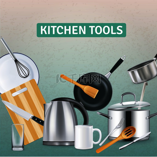 现实的厨房用品与电热水壶和木制工具在灰色带纹理的背景矢量图上。图片