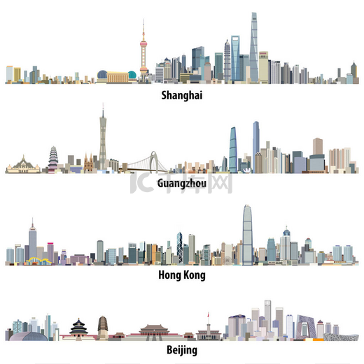 上海、 香港、 广州和北京的天际线的抽象插图图片