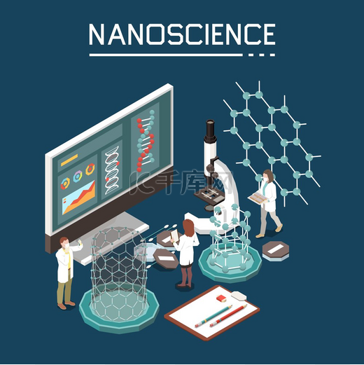 纳米科学研究创新纳米技术组合与有机电子纳米结构计算机监控等距图像矢量图图片