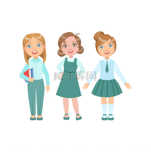 女孩在蓝色服装快乐中小学在类似集合的校服站和微笑的卡通人物图片