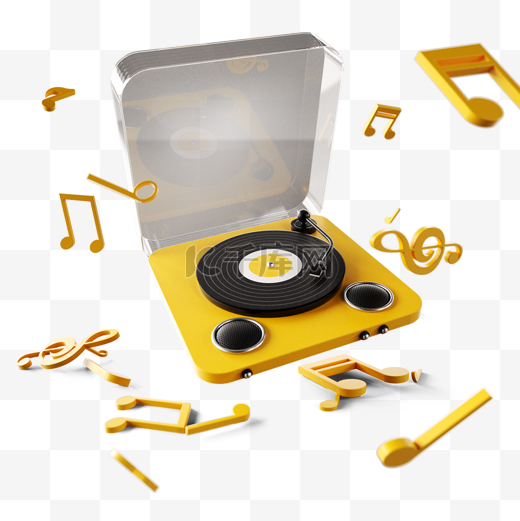 3d抽象唱片机和音乐符号图片