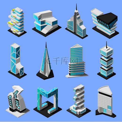 等距未来主义建筑集与高科技风格的现代建筑和摩天大楼矢量图的孤立图像。图片