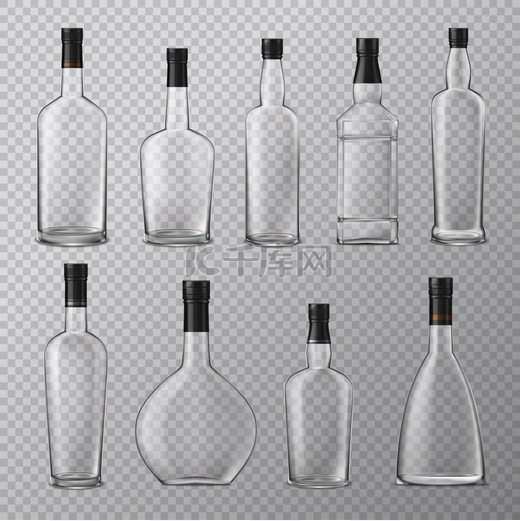 白兰地白兰地威士忌玻璃瓶在透明背景上设置不同形状的空酒精罐 向量例证图片