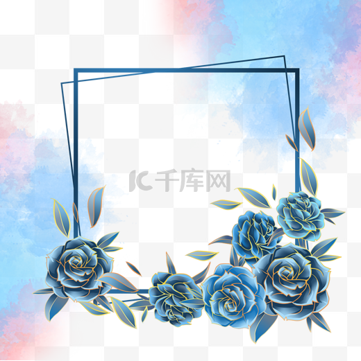 蓝粉色水彩底纹玫瑰花边框图片