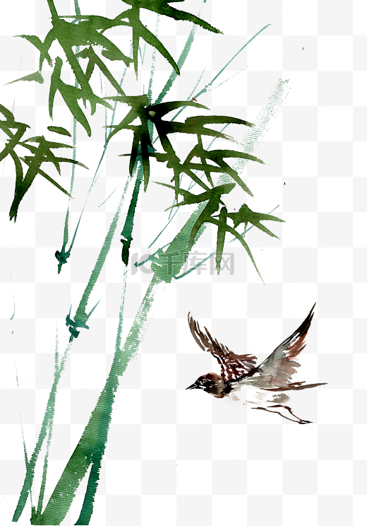 竹子下的飞鸟图片